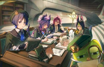 1girl 4boys animal_ear_fluff animal_ears ascot beret bird black_gloves black_hair blue_ascot blue_eyes book book_stack bookshelf chair collared_shirt commentary crystal_hair_ornament dragon_boy dragon_horns duo_(duolingo) duolingo elbow_rest english_commentary fox_boy fox_ears genshin_impact giving_up_the_ghost glasses gloves green_eyes green_hair green_hat green_neckerchief hair_between_eyes halo hat head_rest highres holding holding_book holding_quill horns indoors inkwell lamp library looking_at_another looking_at_viewer lyrie_luna mini_durin_(genshin_impact) mini_durin_(human)_(genshin_impact) multicolored_hair multiple_boys neckerchief necktie official_alternate_costume on_chair open_book open_mouth paimon_(duolingo)_(genshin_impact) paimon_(genshin_impact) parted_lips purple_eyes purple_hair quill scaramouche_(genshin_impact) shikanoin_heizou shirt short_hair sitting streaked_hair studying table tighnari_(duolingo)_(genshin_impact) tighnari_(genshin_impact) wanderer_(genshin_impact) white_hair white_shirt writing yellow_necktie