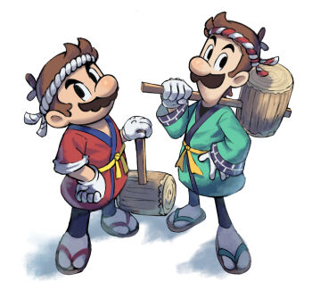 Rule 34 | 2boys, brothers, brown hair, clothing request, facial hair, gloves, hachimaki, hammer, headband, highres, holding, holding hammer, japanese clothes, looking at viewer, luigi, male focus, mario, mario &amp; luigi rpg, mario (series), masanori sato (style), multiple boys, mustache, nejiri hachimaki, nintendo, shadow, short hair, siblings, simple background, white background, white gloves, yamari (ya mari 6363)