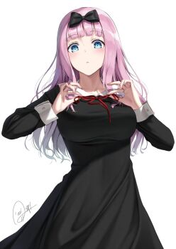1girl black_bow blue_eyes blush bow breasts dress fujiwara_chika kaguya-sama_wa_kokurasetai_~tensai-tachi_no_renai_zunousen~ large_breasts long_sleeves pink_hair school_uniform superpig white_background