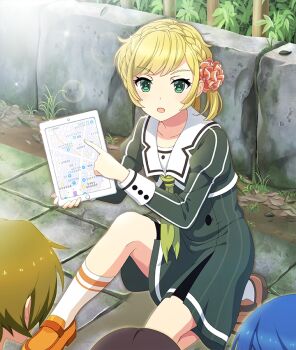 4girls :o asymmetrical_footwear black_hair blonde_hair blue_hair braid brown_shoes collarbone crown_braid day dot_nose dress game_cg green_dress green_hair green_neckerchief heijou_institute_school_uniform himeno_shiho holding holding_tablet_pc knee_up koike_saaya long_sleeves map medium_hair mismatched_footwear multiple_girls naruse_miki_(toji_no_miko) neckerchief niwa_tsutomu official_art one_side_up open_mouth orange_shoes outdoors penny_loafers pinstripe_dress pinstripe_pattern pointing ponytail sailor_collar school_uniform shoes sidelocks socks solo_focus squatting stone_walkway striped_clothes striped_dress tablet_pc talking third-party_source toji_no_miko toji_no_miko:_kizamishi_issen_no_tomoshibi vertical-striped_clothes vertical-striped_dress white_sailor_collar white_socks