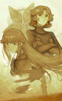 2girls :| absurdres closed_mouth crossed_arms dori_(zeroranger) dutch_angle earrings floating_hair flower food-themed_earrings food_themed_earrings hand_on_own_chest highres hime_cut holding_own_wrist jewelry kornod long_hair looking_at_viewer looking_past_viewer medium_hair mido_(zeroranger) multiple_girls orange-shaped_earrings parted_bangs parted_lips sepia spacecraft tower upper_body zeroranger