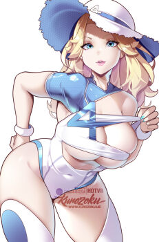 1girl blonde_hair blue_eyes blue_one-piece_swimsuit breasts fantastic_four hat highres hot_vr large_breasts long_hair looking_at_viewer marvel marvel_rivals one-piece_swimsuit simple_background solo subscribestar_username sue_storm sue_storm_(azure_shade) swimsuit two-tone_swimsuit white_background white_hat white_one-piece_swimsuit