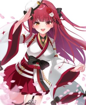 1girl :d black_bow blush bow breasts cherry_blossoms cowboy_shot floating_hair flower hair_bow hair_flower hair_ornament hat heterochromia hololive houshou_marine houshou_marine_(11th_costume) japanese_clothes kimono long_hair long_sleeves medium_breasts miniskirt open_mouth pleated_skirt red_eyes red_flower red_hair red_skirt salute skirt smile solo striped_bow thigh_strap virtual_youtuber white_background white_flower white_hat white_kimono white_sleeves wide_sleeves yellow_eyes yoshioka_pochi