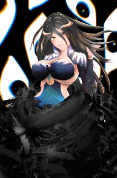 1girl albedo_(overlord) black_hair blue_dress breasts brown_eyes demon dress horns kanzatitties large_breasts overlord_(maruyama) wings