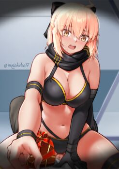 Rule 34 | 1girl, ahoge, bare shoulders, bikini, black bikini, black bow, black gloves, black scarf, black thighhighs, blonde hair, blush, bow, breasts, candy, chocolate, chocolate heart, cleavage, commentary request, elbow gloves, fate/grand order, fate (series), food, gloves, hair bow, half updo, heart, heart-shaped food, highleg, highleg bikini, highres, large breasts, looking at viewer, motokebo17, okita j. souji (fate), okita j. souji (first ascension) (fate), okita souji (fate), open mouth, scarf, short hair, single glove, sitting, sitting on person, swimsuit, thigh strap, thighhighs, thighs, wristband, yellow eyes