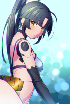 1girl black_hair blush breasts commentary_request fate/grand_order fate_(series) hiraki_naori_(boujaku_bujin) joints katou_danzou_(fate) katou_danzou_(midsummer_memories)_(fate) long_hair looking_at_viewer mechanical_arms mechanical_legs medium_breasts ponytail robot_girl robot_joints smile swimsuit yellow_eyes