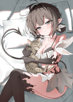 1girl absurdres animal bare_shoulders bikini black_gloves black_hair blush breasts brown_hair cat cetci cleavage closed_mouth demon_tail feet_out_of_frame gloves grey_eyes highres holding lying medium_breasts on_bed original pillow pointy_ears short_hair solo swimsuit tail