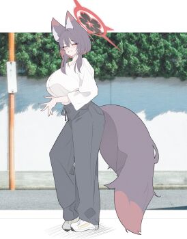 1girl absurdres alternate_costume alternate_hair_length alternate_hairstyle amebrew animal_ears black_pants blue_archive blush breasts casual commentary_request fox_ears fox_tail hair_between_eyes halo highres huge_breasts long_sleeves open_mouth pants red_halo road shoes sneakers solo street tail teeth wakamo_(blue_archive) white_shoes yellow_eyes
