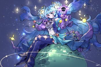 +_+ 1girl absurdres black_hole blue_eyes blue_hair commentary_request cosmo-5 crossed_legs duel_monster gloves half_gloves high_heels highres jest_of_the_cosmos_princess jewelry long_hair planet pointing pointing_at_self ring signature sitting smile space two_side_up very_long_hair yu-gi-oh! yu-gi-oh!_rush_duel