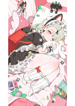 Rule 34 | 3girls, absurdres, animal ear hairband, animal ears, aria (zenless zone zero), bangboo (zenless zone zero), bell, black dress, bow, cat ear hairband, cat ears, closed eyes, closed mouth, commentary request, dress, earrings, fake animal ears, frilled dress, frills, green bow, green hair, green nails, hair ornament, hairband, handheld game console, head on pillow, heart, heart earrings, heart hair ornament, highres, hugging object, humanoid robot, jewelry, lying, maid, maid headdress, mini person, multiple girls, nangong yu, neck bell, no shoes, official alternate costume, on side, pillow, polka dot, polka dot bow, red bag, robot, robot girl, stuffed toy, sunna (afternoon tea break) (zenless zone zero), sunna (zenless zone zero), white wings, winged bag, wings, zenless zone zero, zhishuixy