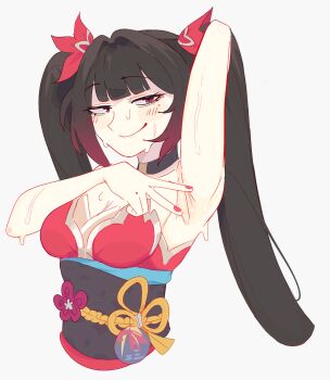 1girl arm_up armpits bare_shoulders black_choker black_hair black_sash breasts choker commentary cropped_torso dress grey_background highres honkai:_star_rail honkai_(series) long_hair looking_at_viewer medium_breasts nail_polish obi presenting_armpit red_dress red_eyes red_nails sash simple_background smile solo sparkle_(honkai:_star_rail) spread_armpit strapless strapless_dress twintails unfamousradish upper_body very_long_hair