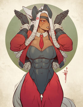1girl abs absurdres adapted_costume anger_vein animal_ears bandages blush breasts character_request dark-skinned_female dark_skin dreadlocks embarrassed fake_animal_ears highres jacket joseph_virtuoso large_breasts long_hair muscular muscular_female necktie original playboy_bunny stitches tail white_hair wrist_cuffs