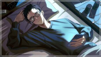 1girl absurdres alarm_clock black_hair black_sweater can cellphone charging_device clock closed_mouth commentary_request computer glasses highres holding holding_phone laptop long_sleeves lying magurosamm male_focus nijisanji on_back on_bed phone pillow short_hair smartphone solo sweater virtual_youtuber wireless_earphones yashiro_kizuku