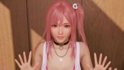 1boy 1girl 3d animated breasts cleavage dead_or_alive game_screenshot hair_ornament highres honoka_(doa) large_breasts looking_at_viewer matching_hair/eyes pink_eyes pink_hair pov skull_hair_ornament solo_focus tecmo venus_vacation_prism:_dead_or_alive_xtreme video