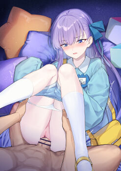 1boy 1girl bag blue_eyes blue_ribbon blue_shirt blush breasts censored clothed_female_nude_male clothed_sex coffeekite commentary_request fate/grand_order fate_(series) hair_ribbon hetero highres kindergarten_uniform kneehighs knees_up long_hair long_sleeves looking_at_viewer meltryllis_(fate) name_tag nude open_mouth penis purple_hair pussy ribbon sex shirt shoes shoulder_bag sitting small_breasts socks spread_legs vaginal very_long_hair white_socks yellow_shoes