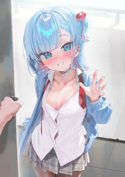 1girl blue_cardigan blue_choker blue_hair breasts button_gap cardigan choker cleavage collared_shirt colored_inner_hair commentary grey_skirt hand_in_pocket highres indie_virtual_youtuber kanzarin kanzarin_(vtuber) looking_at_viewer miniskirt multicolored_hair necktie one_side_up pink_hair pleated_skirt pov pov_hands school_uniform shirt short_hair skirt small_breasts streaked_hair undone_necktie virtual_youtuber waving white_shirt