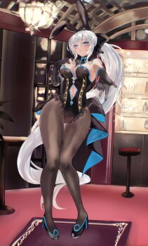 1girl absurdres animal_ears bare_shoulders black_bow black_gloves black_leotard blue_eyes blue_trim blush bow bowtie braid breasts brown_pantyhose cleavage clothing_cutout detached_collar fake_animal_ears fate/grand_order fate_(series) full_body gloves grey_hair hair_bow high_heels highleg highleg_leotard highres klash large_breasts leotard long_hair looking_at_viewer morgan_le_fay_(fate) navel navel_cutout outstretched_arm pantyhose parted_lips ponytail rabbit_ears sidelocks solo variant_set very_long_hair