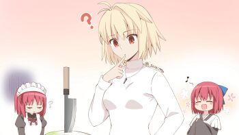 3girls ? ahoge apron arcueid_brunestud blonde_hair blue_bow bow confused food frilled_apron frills hair_between_eyes hair_bow hair_intakes highres hisui_(tsukihime) japanese_clothes jewelry kimono kitchen_knife knife kohaku_(tsukihime) maid maid_apron maid_headdress multiple_girls musical_note necklace pink_hair red_eyes sad shiki1990 short_hair siblings sisters smile sweat sweater tsukihime tsukihime_(remake) turtleneck turtleneck_sweater twins vegetable white_sweater