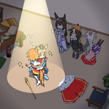 +++ 5girls admire_vega_(glacialis_vega)_(umamusume) admire_vega_(umamusume) agnes_digital_(umamusume) ahoge animal_ears aura black_dress blonde_hair blood boots bottle brown_hair capelet chair chibi closed_eyes commentary_request crossed_arms crown cup disposable_cup dress drink face_down facing_another food from_above full_body ghost giving_up_the_ghost gloves hair_between_eyes hairband hat highres horse_ears horse_girl hug ike_(user_hmra7432) implied_nosebleed indoors long_sleeves lying meisho_doto_(dot-o'-lantern)_(umamusume) meisho_doto_(umamusume) multicolored_hair multiple_girls narita_top_road_(celestial_road)_(umamusume) narita_top_road_(umamusume) official_alternate_costume on_stomach orange_hair pantyhose pizza pizza_box pizza_slice plastic_bottle puff_of_air pumpkin_hat raised_inner_eyebrows school_uniform shirt shoes short_hair sigh skirt soda soda_bottle stage_lights standing t.m._opera_o_(umamusume) table tracen_school_uniform two-tone_hair umamusume v-shaped_eyebrows