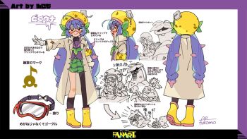 1girl ahoge alternate_costume anger_vein armband arrow_(symbol) asymmetrical_legwear bellsprout black_eyes blush_stickers boots coat commentary_request croagunk crossover fangs flying_sweatdrops fukomo gen_1_pokemon gen_4_pokemon gen_7_pokemon gen_8_pokemon glint gloves goggles green_neckerchief green_skirt hair_ornament hair_through_headwear hairclip highres kneehighs lab_coat leaf long_sleeves low_twintails mareanie microscope multicolored_hair neckerchief nintendo open_clothes open_coat otomachi_una pantyhose parody partially_colored pink_hair pleated_skirt pokemon pokemon_(creature) project_voltage puff_of_air purple_hair purple_sailor_collar purple_shirt reference_sheet rubber_boots sailor_collar school_uniform serafuku shirt signature single_kneehigh single_leg_pantyhose single_sock skirt socks sparkle spiked_gloves streaked_hair toxel translation_request twintails undershirt uneven_legwear victreebel vocaloid white_background white_gloves yellow_armband yellow_boots