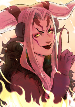 1girl commentary english_commentary facial_mark final_fantasy final_fantasy_viii fingernails fire fur_trim hair_horns highres lippti long_hair portrait sharp_fingernails skyfiss slit_pupils smile solo ultimecia white_hair yellow_eyes