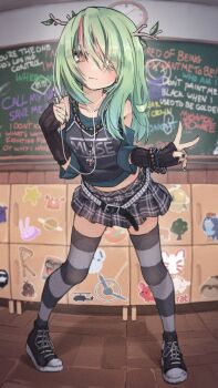 1girl :t aged_down alternate_costume antlers band_shirt bare_shoulders belt bird black_nails ceres_fauna chalkboard clothes_writing collarbone commentary cool_s cross cross_necklace earphones english_commentary english_text eyes_visible_through_hair fingerless_gloves full_body gloves goth_fashion green_hair hair_over_one_eye highres holding holding_phone hololive hololive_english horns indoors inverted_cross jewelry kiirokuma leaning_forward legs_apart long_hair looking_at_viewer merchandise multicolored_hair nail_polish necklace owl pendant phone plaid_clothes plaid_skirt pleated_skirt pout red_hair skirt solo striped_clothes striped_thighhighs takodachi_(ninomae_ina'nis) thighhighs two-tone_hair v virtual_youtuber yellow_eyes zettai_ryouiki