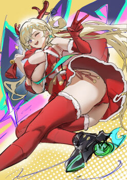 1girl absurdres alternate_breast_size_(larger) alternate_costume blonde_hair bra breasts breasts_out chinese_commentary commentary_request dress elbow_gloves fur-trimmed_gloves fur-trimmed_thighhighs fur_trim gloves highres large_breasts long_hair looking_at_viewer lynae_(wuthering_waves) one_eye_closed open_mouth panties qianyuu_(senba) red_bra red_dress red_gloves red_panties red_thighhighs smile solo thighhighs underwear upskirt v wuthering_waves