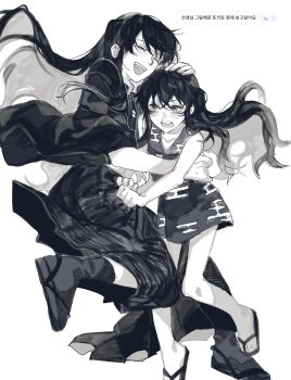 age_comparison closed_eyes commentary_request demon_slayer_uniform floating_hair full_body greyscale hand_in_another&#039;s_clothes hand_on_another&#039;s_head hand_on_another&#039;s_hip happy highres japanese_clothes kimetsu_no_yaiba kimono korean_commentary korean_text long_hair looking_at_another male_focus monochrome open_mouth sandals simple_background sketch sleeveless sleeveless_kimono socks teeth th62329 time_paradox tokitou_muichirou translation_request upper_teeth_only white_background wide_sleeves