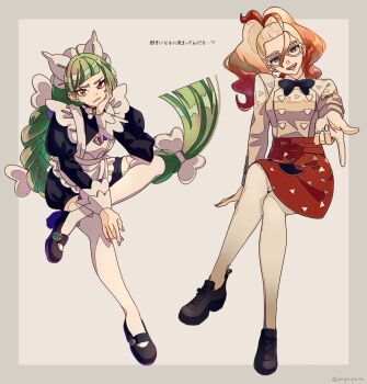 2girls apron black_bow black_bowtie black_romper blue_eyes blunt_bangs bow bowtie braid braided_ponytail brown_eyes closed_mouth commentary_request glasses gradient_hair green_hair griselle_(pokemon) hair_pulled_back head_rest highres juliet_sleeves lebanne_(pokemon) long_braid long_hair long_sleeves looking_at_viewer maid maid_apron maid_headdress multicolored_hair multiple_girls nintendo open_mouth orange_apron orange_hair paddy_field pantyhose pokemon pokemon_legends:_z-a ponytail print_apron puffy_sleeves red_apron red_hair romper shirt shoes smile split_ponytail teeth thighhighs tsurime two-tone_hair waist_apron white-framed_eyewear white_bow white_bowtie white_hair white_pantyhose white_shirt white_thighhighs