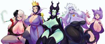 101_dalmatians 5girls black_hair breasts cat_girl cleavage colored_skin crown crudelia_demon cruella_de_vil disney green_skin highres huge_breasts jewelry lipstick looking_at_viewer makeup maleficent mature_female multiple_girls necklace pinkkoffin queen_grimhilde sleeping_beauty_(disney) snow_white_and_the_seven_dwarfs_(disney) tentacles the_emperor's_new_groove the_little_mermaid_(disney) ursula_(disney) white_hair yzma