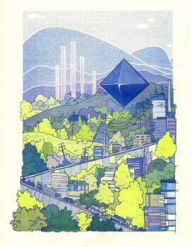 Rule 34 | absurdres, angel (evangelion), border, building, ceeejus, city, commentary, day, highres, mountain, neon genesis evangelion, pole, ramiel (evangelion), sky, tree, white border