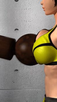 1girl 3d abs animated animated_gif bouncing_breasts bra breast_punch breasts green_bra indoors large_breasts looping_animation mokujin_(tekken) punching robot short_hair slow_motion sports_bra tendou_ayane tomboy toned umemaro umemaro_3d underwear