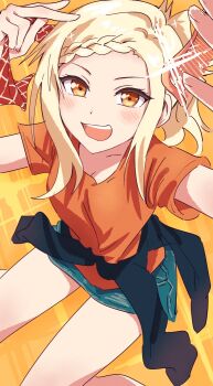 1girl black_jacket blonde_hair braid braided_bangs breasts cleavage clothes_around_waist collarbone comb commentary denim denim_skirt feet_out_of_frame green_skirt highres holding holding_comb jacket jacket_around_waist long_sidelocks looking_at_viewer love_live! love_live!_nijigasaki_high_school_idol_club medium_breasts miniskirt miyashita_ai orange_eyes orange_shirt ponytail shirt short_sleeves sidelocks skirt solo t-shirt yukitake_(bullfalk)