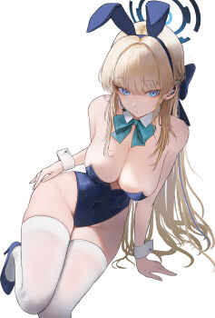 1girl absurdres alc.3vol animal_ear_hairband animal_ears aqua_bow aqua_bowtie arm_support blonde_hair blue_archive blue_eyes blue_hair blue_hairband blue_halo blue_leotard blue_shoes bow bowtie braid breasts cleavage closed_mouth commentary detached_collar earpiece earrings expressionless fake_animal_ears foot_out_of_frame hairband halo high_heels highleg highleg_leotard highres invisible_chair jewelry large_breasts leotard long_hair looking_at_viewer microphone multicolored_hair official_alternate_costume playboy_bunny pumps rabbit_ear_hairband rabbit_ears shoes simple_background sitting solo strapless strapless_leotard streaked_hair stud_earrings thighhighs toki_(blue_archive) toki_(bunny)_(blue_archive) very_long_hair white_background white_thighhighs white_wrist_cuffs wrist_cuffs