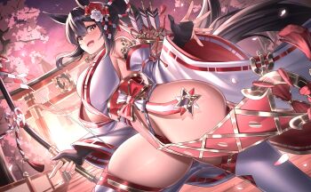 1girl absurdres animal_ears arrow_(projectile) ass black_gloves black_hair bow_(weapon) breasts bridal_gauntlets chinese_zodiac commentary_request eiryu33 from_side fundoshi gloves highres holding holding_bow_(weapon) holding_weapon horse_ears horse_girl horse_tail japanese_clothes large_breasts long_sleeves looking_at_viewer morning open_mouth original red_ribbon ribbon ribbon_trim solo tail thighhighs weapon white_thighhighs wide_sleeves year_of_the_horse yellow_eyes