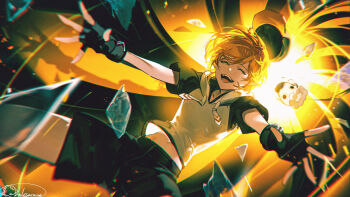 1boy ^_^ absurdres aotu_world artist_name black_gloves black_shorts blonde_hair broken_glass chinese_commentary closed_eyes drawstring explosion fangs fingerless_gloves glass gloves hat highres hood hood_down hoodie king_(aotu_world) laksarang male_focus midriff midriff_peek multicolored_hoodie navel open_mouth outstretched_arms pants shards shirt short_hair short_sleeves shorts signature smile solo teeth unworn_headwear upper_teeth_only white_hoodie yellow_theme