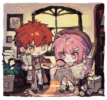 1boy 1girl :3 artist_request artist_self-insert blush bow breasts cake cake_slice chibi chibi_inset chibi_only commission couple dress emiya_shirou fate/stay_night fate_(series) food fruit full_body hair_ornament hat highres holding holding_cake holding_food holding_paper long_hair long_sleeves momomiya_shizuku_(gaoyue_jixiang) oc_x_canon open_mouth original paper second-party_source skirt smile strawberry