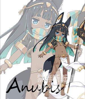 1girl animal_ears anubis_(mythology) barefoot blue_eyes bracelet character_name dark-skinned_female dark_skin egyptian flat_chest holding jewelry long_hair multicolored_hair nassukun navel original short_sleeves staff tail watermark zoom_layer