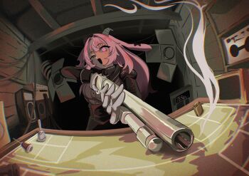 +_- 1girl absurdres bell black_bow black_bowtie black_eyes black_sleeves blush bow bowtie buckshot_roulette collared_jacket collared_shirt commentary_request demon_horns femme_soule gloves gun heterochromia hheliebe highres holding holding_gun holding_weapon horns indoors jacket lighter long_hair long_sleeves looking_at_viewer multicolored_hair neck_bell notched_ear open_mouth pink_eyes pink_hair pukey_goddess_shot_trick pump_action shirt shotgun smile solo streaked_hair studio_lights table weapon white_gloves white_streaks