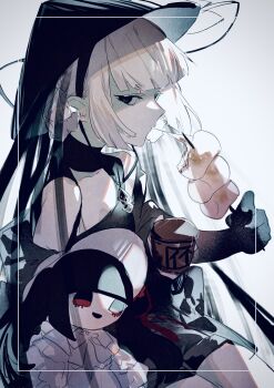 1girl absurdres adversarial_noise black_eyes character_doll doll eating fate/grand_order fate_(series) food grey_hair hat highres jingasa komahime_(exhibition_attire)_(fate) komahime_(fate) marshmallow nasubi_illust sen_no_rikyu_(exhibition_attire)_(fate) sen_no_rikyu_(fate) short_twintails skewer twintails