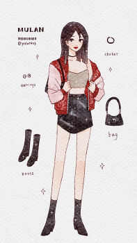 1girl alternate_costume animification asian black_hair brown_eyes choker fa_mulan_(disney) full_body looking_at_viewer makeup mulan_(movie) peilu_(pslu0423) short_hair simple_background smile solo