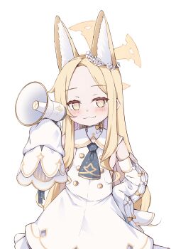 Rule 34 | 1girl, :3, absurdres, animal ears, ascot, blonde hair, blue archive, blue ascot, blush, bright pupils, buttons, closed mouth, commentary request, cowboy shot, cross halo, detached sleeves, dress, ear wreath, flower wreath, fox ears, gold buttons, gradient eyes, halo, hand on own hip, highres, holding, holding megaphone, kyouwashi, long hair, looking at viewer, megaphone, multicolored eyes, petticoat, sailor collar, sailor dress, seia (blue archive), short dress, simple background, sleeveless, sleeveless dress, sleeves past fingers, sleeves past wrists, smile, solo, very long hair, white background, white dress, white pupils, white sailor collar, yellow eyes, yellow halo