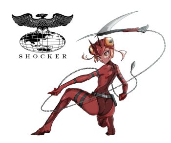 Rule 34 | 1girl, belt, black belt, bodysuit, colored skin, cyborg, eidenjyou1997, gamaguiler, genderswap, genderswap (mtf), highres, holding, holding weapon, kamen rider, kamen rider (1st series), kusarigama, logo, looking at viewer, looking back, monster girl, on one knee, red bodysuit, red eyes, red skin, shocker (kamen rider), sickle, simple background, solo, weapon, white background