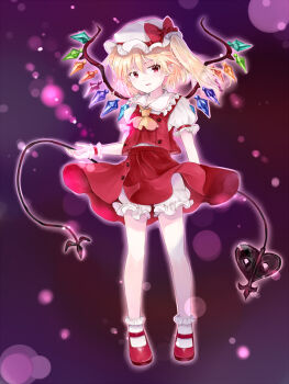 1girl ascot blonde_hair bloomers clothes_lift collared_shirt commentary_request crystal crystal_wings flandre_scarlet frilled_shirt_collar frills full_body hat highres laevatein_(touhou) looking_at_viewer mary_janes minatsuki_yurara mob_cap multicolored_wings one_side_up open_mouth pointy_ears red_eyes red_shoes red_skirt red_vest shirt shoes skirt skirt_lift skirt_set socks solo touhou underwear vest white_bloomers white_hat white_socks wind wind_lift wings wrist_cuffs yellow_ascot