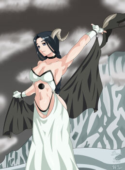 1girl arrancar arrancar_(cosplay) black_hair bleach bra braid breasts cape choker cleavage cosplay demon female_focus gloves hollow_(bleach) horns large_breasts lingerie panties quality single_braid solo underwear unohana_retsu