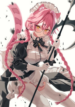1girl absurdres animal_ears bell belt black_belt black_bow black_bowtie black_dress blush bow bowtie braid breasts center_frills commentary_request debris dress frilled_dress frills glasses gloves hair_intakes hair_ornament hair_tie hairclip highres holding holding_scythe hololive hololive_english jingle_bell large_breasts long_hair looking_at_viewer maid maid_headdress mogu_(au1127) multicolored_hair neck_bell open_mouth panther_ears panther_girl panther_tail pink_hair pink_tail raora_panthera sad scythe simple_background solo streaked_hair tail tears thighhighs thighs twin_braids twintails two-tone_hair underbust virtual_youtuber white_background white_gloves white_thighhighs yellow_eyes