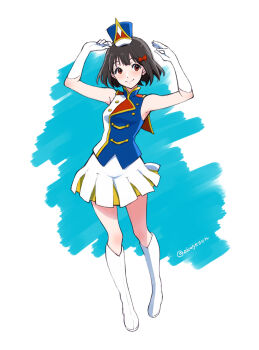 Rule 34 | 1girl, alternate costume, armpits, band uniform, black hair, blush, boots, bow, closed mouth, elbow gloves, gloves, hair bow, hat, hibike! euphonium, highres, hisaishi kanade, knee boots, kotomozou, long hair, looking at viewer, marching band, mini hat, pleated skirt, red bow, red eyes, shirt, short hair, skirt, sleeveless, smile, solo, white boots, white gloves, white skirt