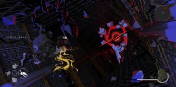 1girl absurdres asteroid_ill black_boots black_jacket black_pants blonde_hair boots debris floating from_below gun handgun health_bar highres holding holding_gun holding_weapon iris_(asteroid_ill) jacket long_hair minimap monster original pants red_eyes science_fiction shirt user_interface weapon white_shirt wide_shot