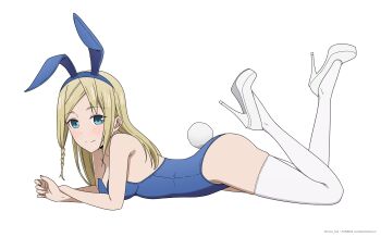 1girl animal_ear_hairband animal_ears blonde_hair blue_eyes blue_leotard breasts coro_fae fake_animal_ears fake_tail feet_up hairband hayasaka_ai high_heels highleg highleg_leotard highres kaguya-sama_wa_kokurasetai_~tensai-tachi_no_renai_zunousen~ leotard long_hair looking_at_viewer medium_breasts platform_heels playboy_bunny rabbit_ears rabbit_tail simple_background smithee_a._haysaca solo stiletto_heels tail thighhighs white_background white_thighhighs