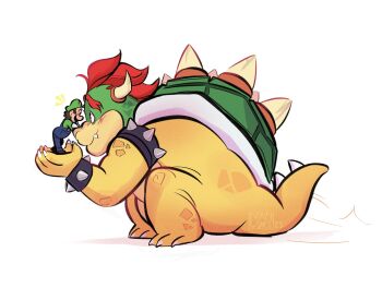 2boys armlet arms_up blue_overalls blush bowser bracelet claws commentary crazycomet107 english_commentary eye_contact fang from_side green_hat green_shirt hat highres horns jewelry looking_at_another luigi male_focus mario_(series) motion_lines multiple_boys nintendo overalls red_hair shirt size_difference spiked_armlet spiked_bracelet spiked_shell spikes white_background yaoi